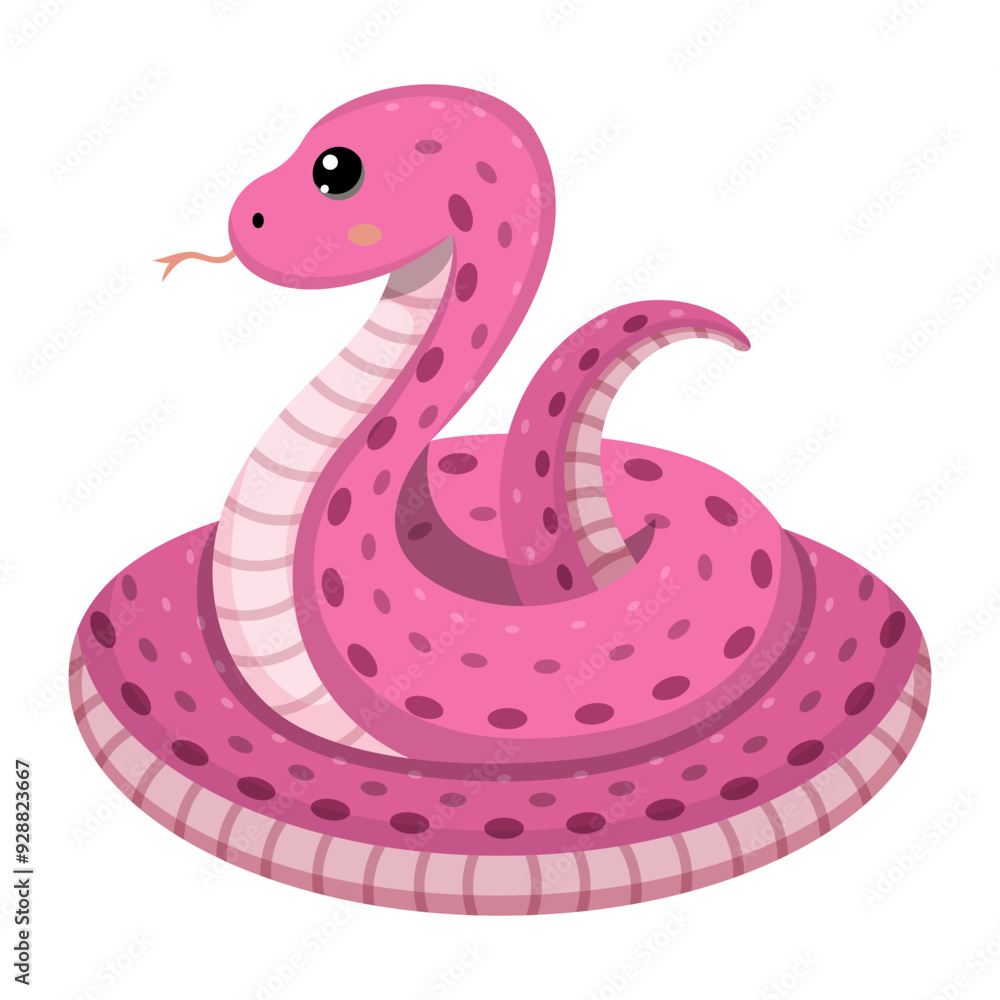 Fototapeta premium Cute pink snake. Colorful suffocating reptile. Chinese New Year symbol. Funny snake character isolated on white background. Vector illustration for card, sticker, calendar.