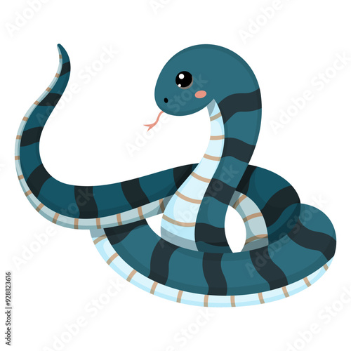 Cute dark blue snake. Colorful suffocating reptile. Chinese New Year symbol. Funny snake character isolated on white background. Vector illustration for card, sticker, calendar.