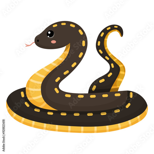 Cute dark brown and yellow snake. Colorful suffocating reptile. Chinese New Year symbol. Funny snake character isolated on white background. Vector illustration for card, sticker, calendar.
