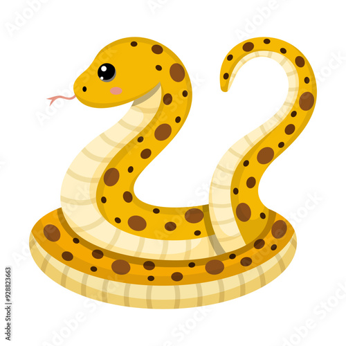 Cute yellow snake. Colorful suffocating reptile. Chinese New Year symbol. Funny snake character isolated on white background. Vector illustration for card, sticker, calendar.