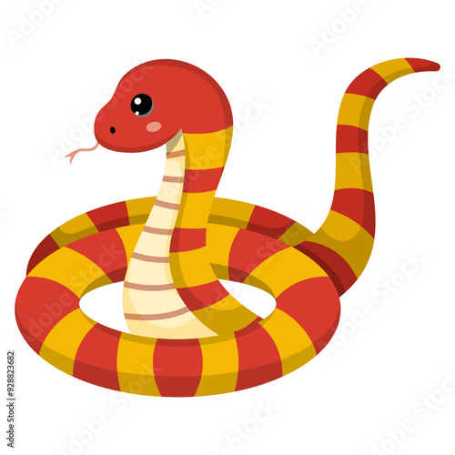 Cute red and yellow snake. Colorful suffocating reptile. Chinese New Year symbol. Funny snake character isolated on white background. Vector illustration for card, sticker, calendar.
