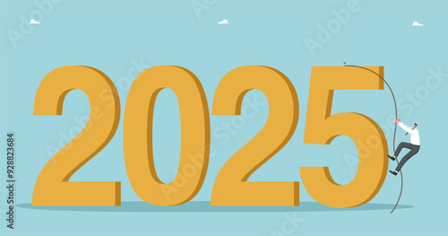Strategic planning for achieving success in new year 2025, creative approach to solving unfinished business in outgoing year, setting business goals for coming year, man climbs rope to 2025.