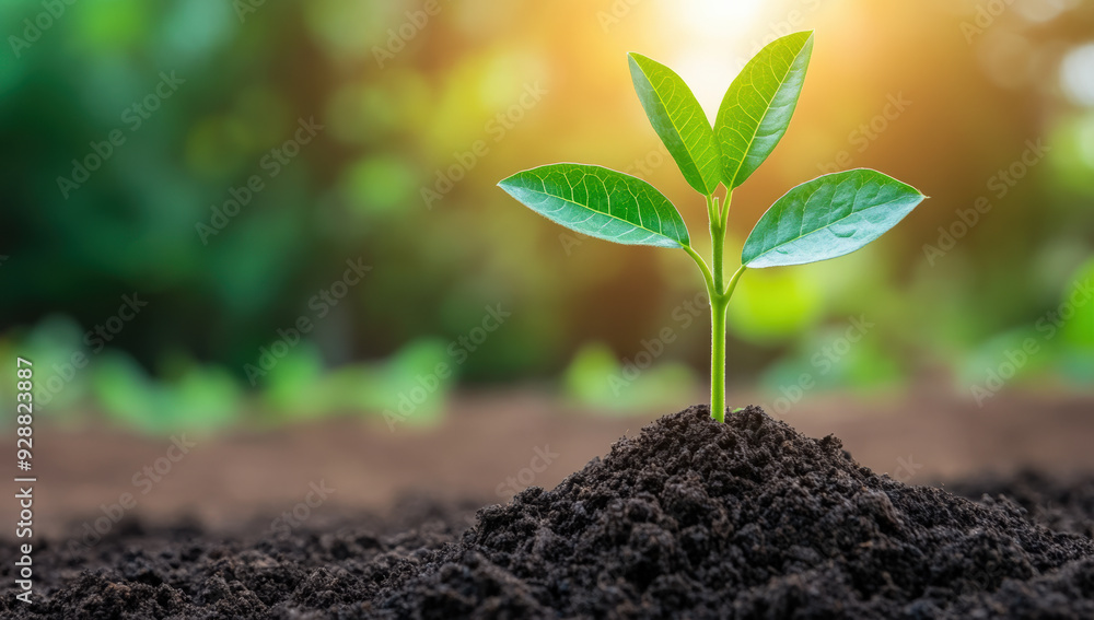 Fototapeta premium Close-up of a young plant growing from soil with sunlight in the background, representing growth, renewal, and sustainability.
