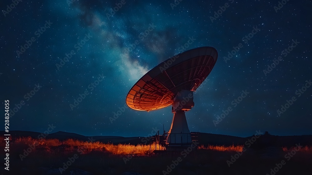 Radio telescope under starry night sky, Milky Way galaxy, large satellite dish, astronomy observatory, copy space for text, dark landscape, scientific equipment. Radio telescope under starry night sky, Milky Way galaxy, large satellite dish, astronomy observatory, copy space for text, dark landscape, scientific equipment.