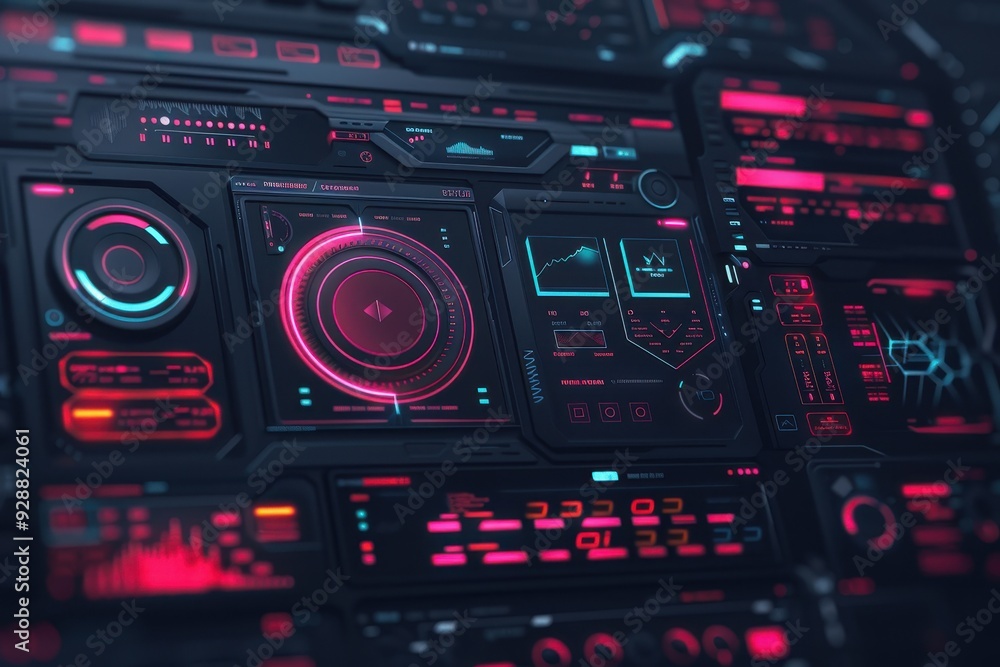 Futuristic Interface with Glowing Red and Blue Displays and Controls Futuristic Interface with Glowing Red and Blue Displays and Controls