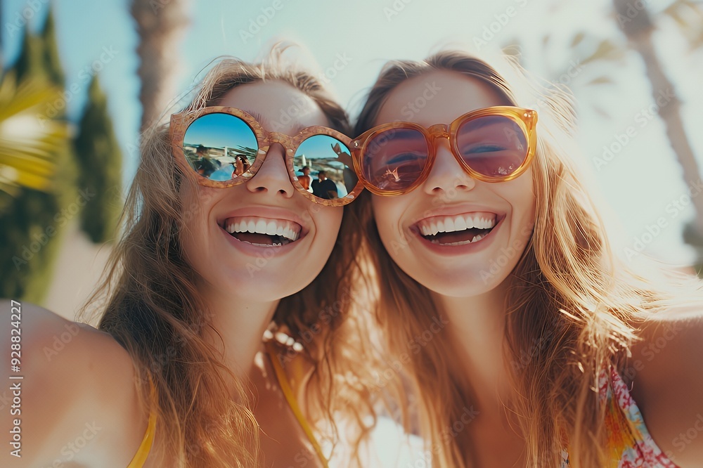 Two happy women in sunglasses laughing with the sun behind them.