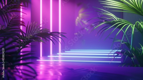 Pink Neon Background with Palm Leaves