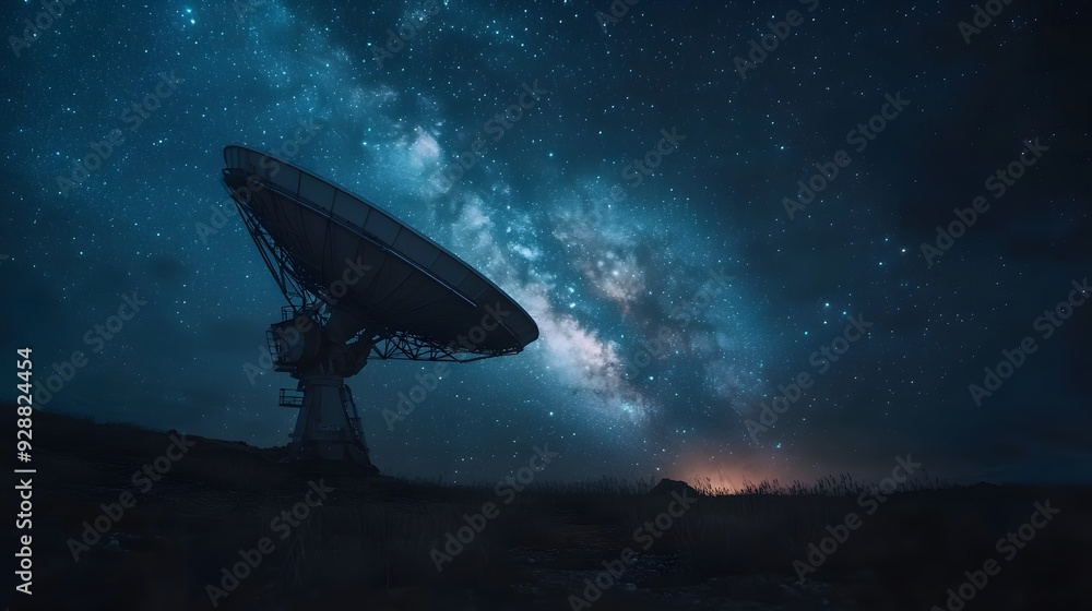 Radio telescope under starry night sky, Milky Way galaxy, large satellite dish, astronomy observatory, copy space for text, dark landscape, scientific equipment. Radio telescope under starry night sky, Milky Way galaxy, large satellite dish, astronomy observatory, copy space for text, dark landscape, scientific equipment.