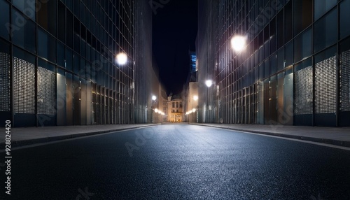 Render a wide panoramic view of an empty city center street at night with a dark, moody atmosphere. Incorporate shadowy, rain-slicked streets reflecting dim streetlights, with towering, imposing build