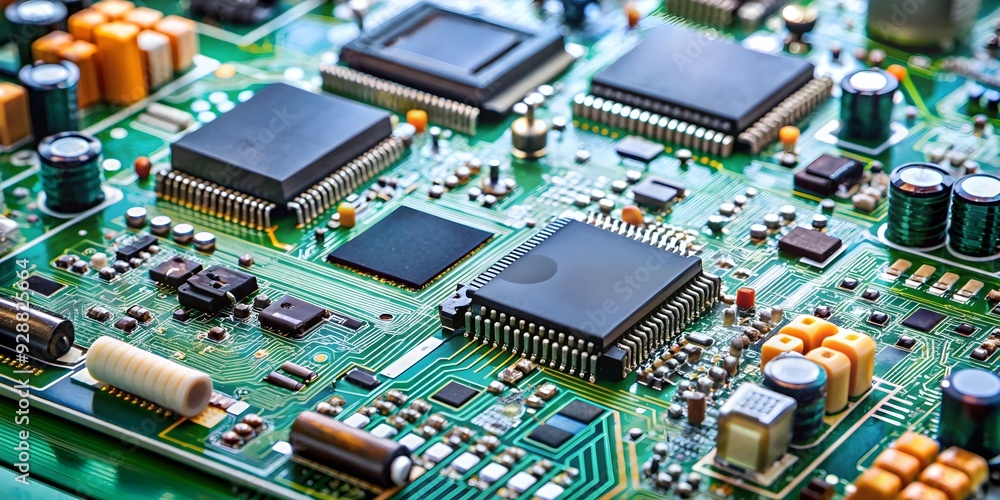 Close-up of electronic main board with various components, technology, circuitry, motherboard, computer Close-up of electronic main board with various components, technology, circuitry, motherboard, computer