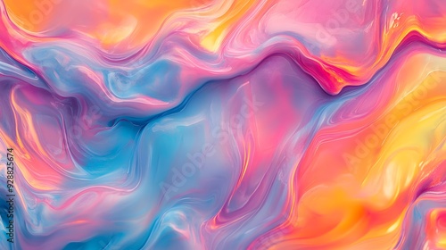 Vibrant holographic fluid texture, bright iridescent colors, flowing liquid abstract, pastel pink blue and orange swirls, luminous marbled effect, smooth glossy surface.