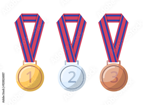 Cartoon Color Awards Medals with Ribbon and Engraved Numbers Set Symbol of Win Competition. Vector illustration of Gold, Silver and Bronze Type