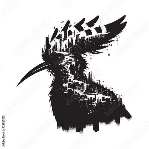 silhouette of Hoopoe filled with destroyed futuristic dystopia environment in rough drawing