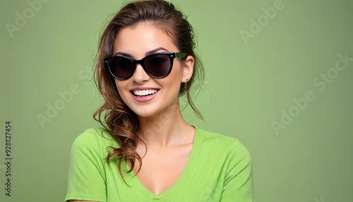 Wallpaper Mural Woman on green background in sunglasses black. banner for advertising Torontodigital.ca