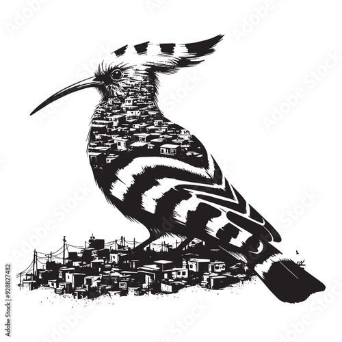 silhouette of Hoopoe filled with ghetto street in rough drawing