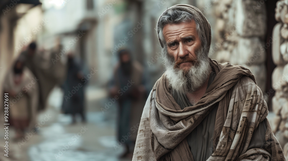 Naklejka premium Elderly man in traditional Middle Eastern clothing with a somber expression on a historic street. Concepts of heritage, history, and cultural reflection.