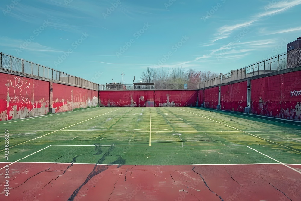 Obraz premium Abandoned Tennis Court with Weathered Walls and Overgrown Surface