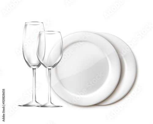 3d realistic vector icon illustration. Clean white plate dishes and glasses. Isolated.