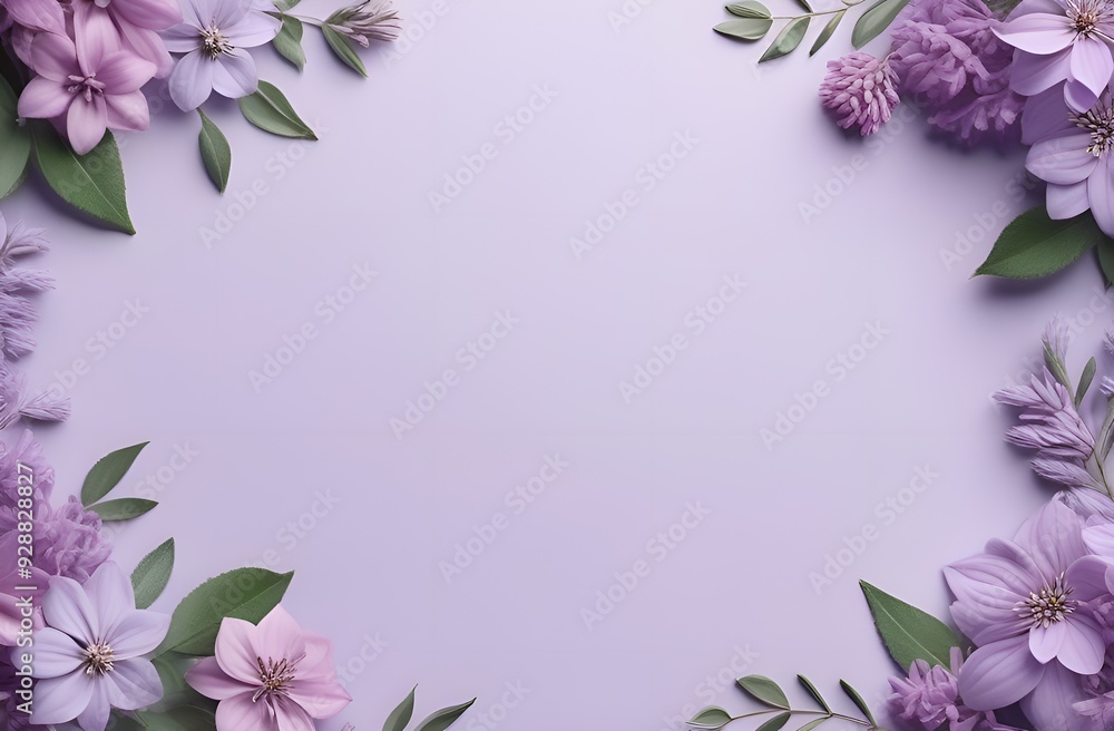 Lilac floral border in shades of purple and pink frames a soft, gradient background. The flowers and lush green leaves create an elegant and serene composition. For Lilac floral border in shades of purple and pink frames a soft, gradient background. The flowers and lush green leaves create an elegant and serene composition. For