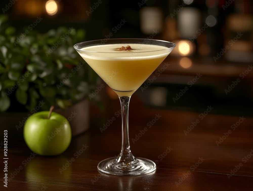 Golden Hour Martini A closeup of a martini glass filled with a golden cocktail garnished with a brown sugar rim resting on a wooden table with an outoffocus green apple in the Golden Hour Martini A closeup of a martini glass filled with a golden cocktail garnished with a brown sugar rim resting on a wooden table with an outoffocus green apple in the