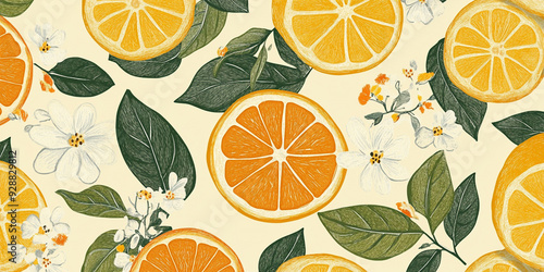 Bright and Refreshing Seamless Citrus Pattern with Lemons, Oranges, Blossoms, and Lush Green Leaves, Perfect for Summer Decor, Textiles, and Nature-Inspired Art Projects