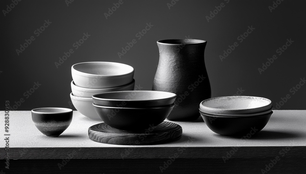 Black and White Still Life with Ceramic Bowls and Tables Black and White Still Life with Ceramic Bowls and Tables