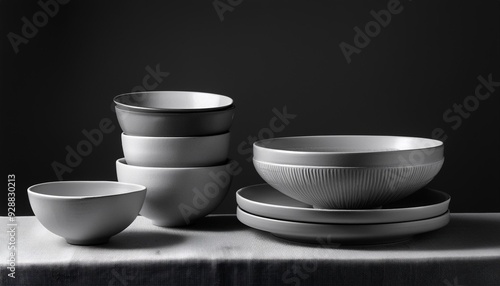 Black and White Still Life with Ceramic Bowls and Tables