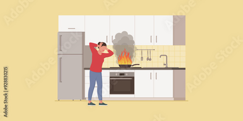 Fire in the kitchen and panicked woman