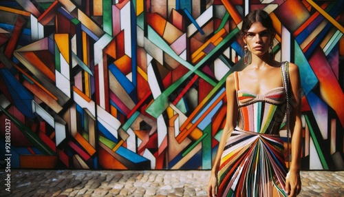 girl in a dress with graffiti print against a wall with geometric abstraction