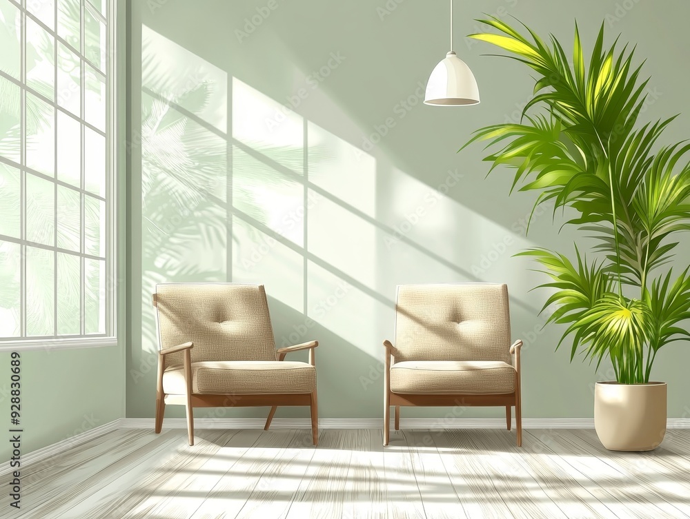 Fototapeta premium Sunlit Minimalist Living Room with Two Chairs and Palm Plant Low Angle Perspective Wooden Floor Green Walls