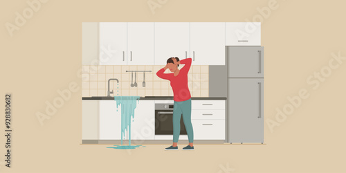 Shocked woman staring at a water leak in the kitchen