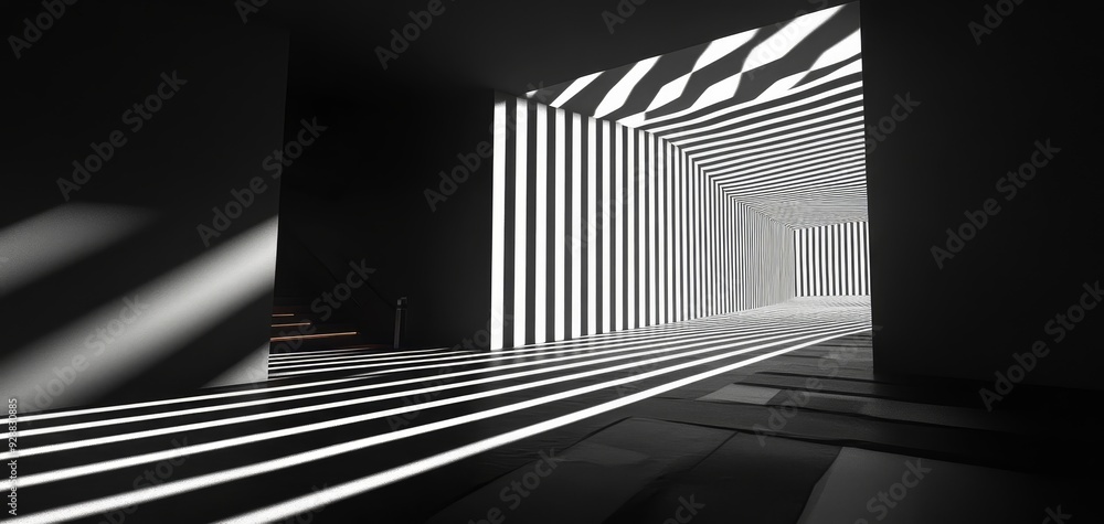 Obraz premium Striped Shadows A lowangle perspective of a dark corridor with a receding pattern of vertical stripes creating a mesmerizing optical illusion