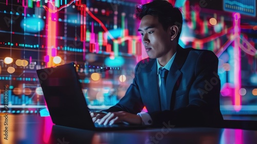 Businessman working on laptop with neon lights and data charts in background