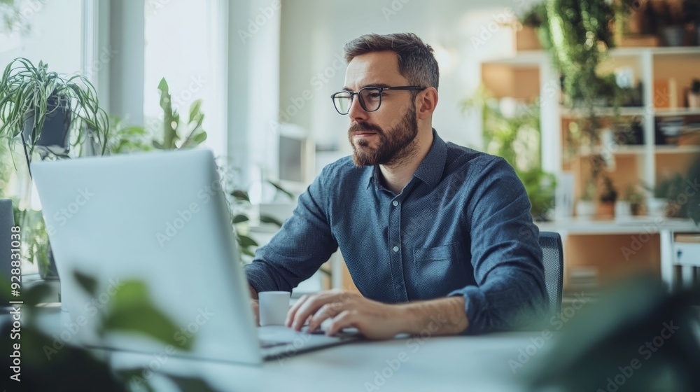Male office employee in a casual setting, working from a laptop in a lounge area, modern office with a relaxed atmosphere, blending work and comfort. Male office employee in a casual setting, working from a laptop in a lounge area, modern office with a relaxed atmosphere, blending work and comfort.
