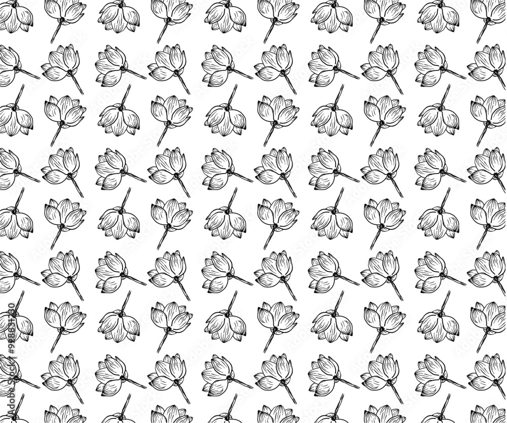 Fototapeta premium Hand drawn vector outline flower template. Seamless pattern vector Doodle style isolated on white background