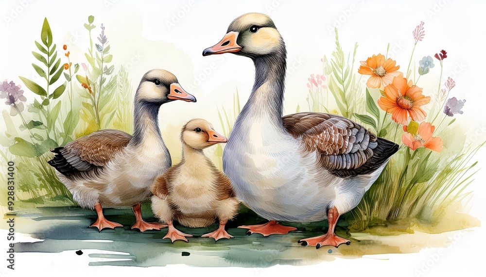 Cute Watercolor Illustration of Goose Family Cute Watercolor Illustration of Goose Family