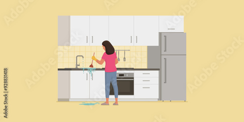 Woman using a plunger in the kitchen