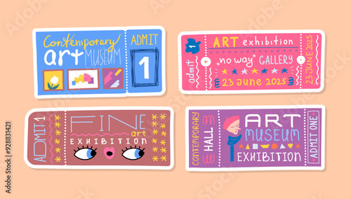 Cartoon Color Art Gallery Museum Exhibition Retro Tickets Stickers Set Concept Flat Design Style. Vector illustration of Admits