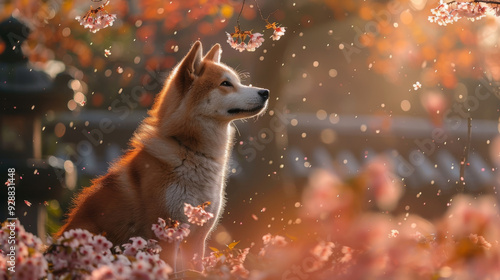 Akita Inu standing proudly in serene landscapes like traditional Japanese gardens or historic temples photo