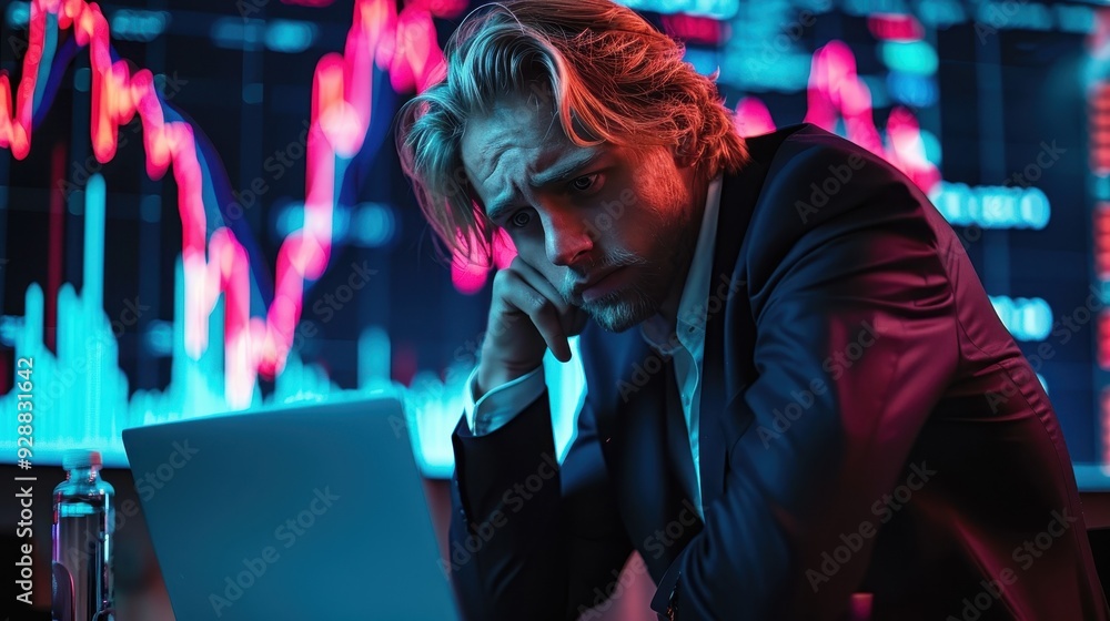 A Man in a Suit Staring at a Laptop Screen with a Stock Market Graph in the Background A Man in a Suit Staring at a Laptop Screen with a Stock Market Graph in the Background