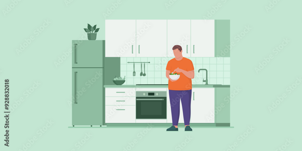 Fat man eating salad in the kitchen Fat man eating salad in the kitchen