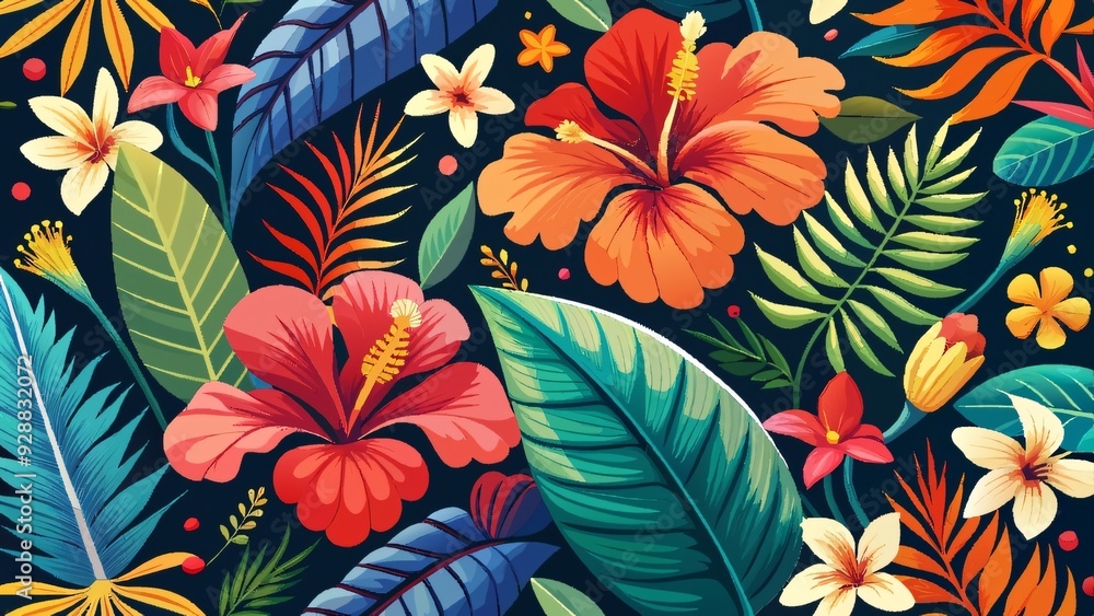 Floral seamless vector pattern with pink hibiscus blossom, perfect for summer wallpaper or nature-inspired design Floral seamless vector pattern with pink hibiscus blossom, perfect for summer wallpaper or nature-inspired design