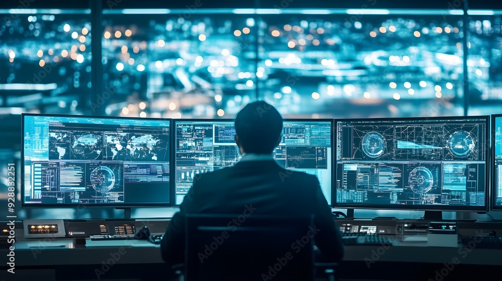 A computer room with many monitors and a chair A computer room with many monitors and a chair