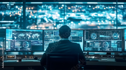 Fototapeta Naklejka Na Ścianę i Meble -  A computer room with many monitors and a chair