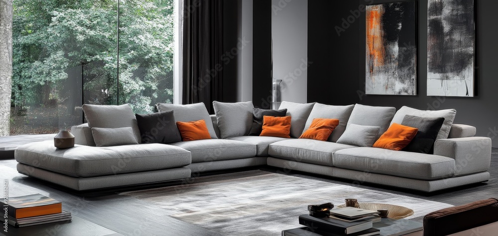 Modern Sectional Sofa with Orange Pillows in Minimalist Interior A view of a modern sectional sofa with a grey and white color scheme featuring orange throw pillows and set Modern Sectional Sofa with Orange Pillows in Minimalist Interior A view of a modern sectional sofa with a grey and white color scheme featuring orange throw pillows and set