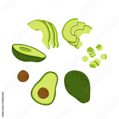 Cartoon set with avocado fruit. Whole avocado, half and slices, cubes. Flat vector set