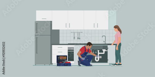Professional plumber fixing a kitchen sink drain
