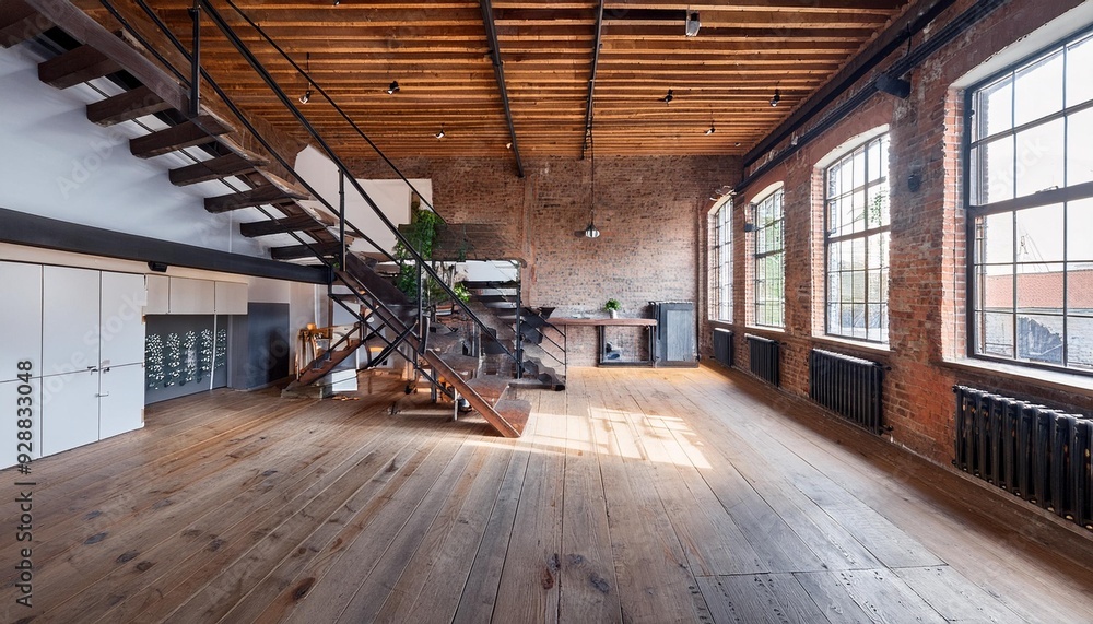 Industrial Loft Interior With Wood Floor And Staircase Industrial Loft Interior With Wood Floor And Staircase