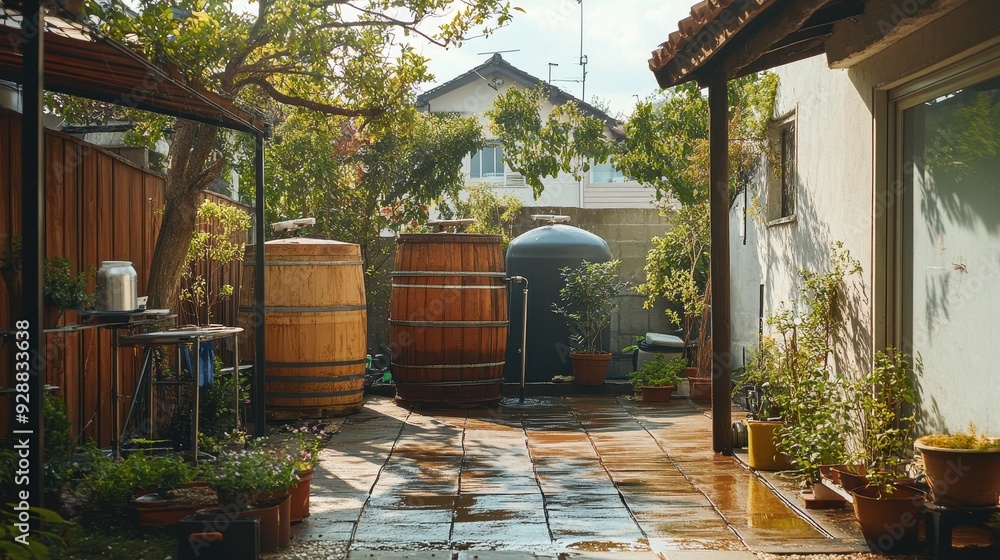 Naklejka premium Wooden Barrels and Patio Garden