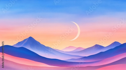 Desert valley, soft shadows from the crescent moon, vast night sky, Watercolor style